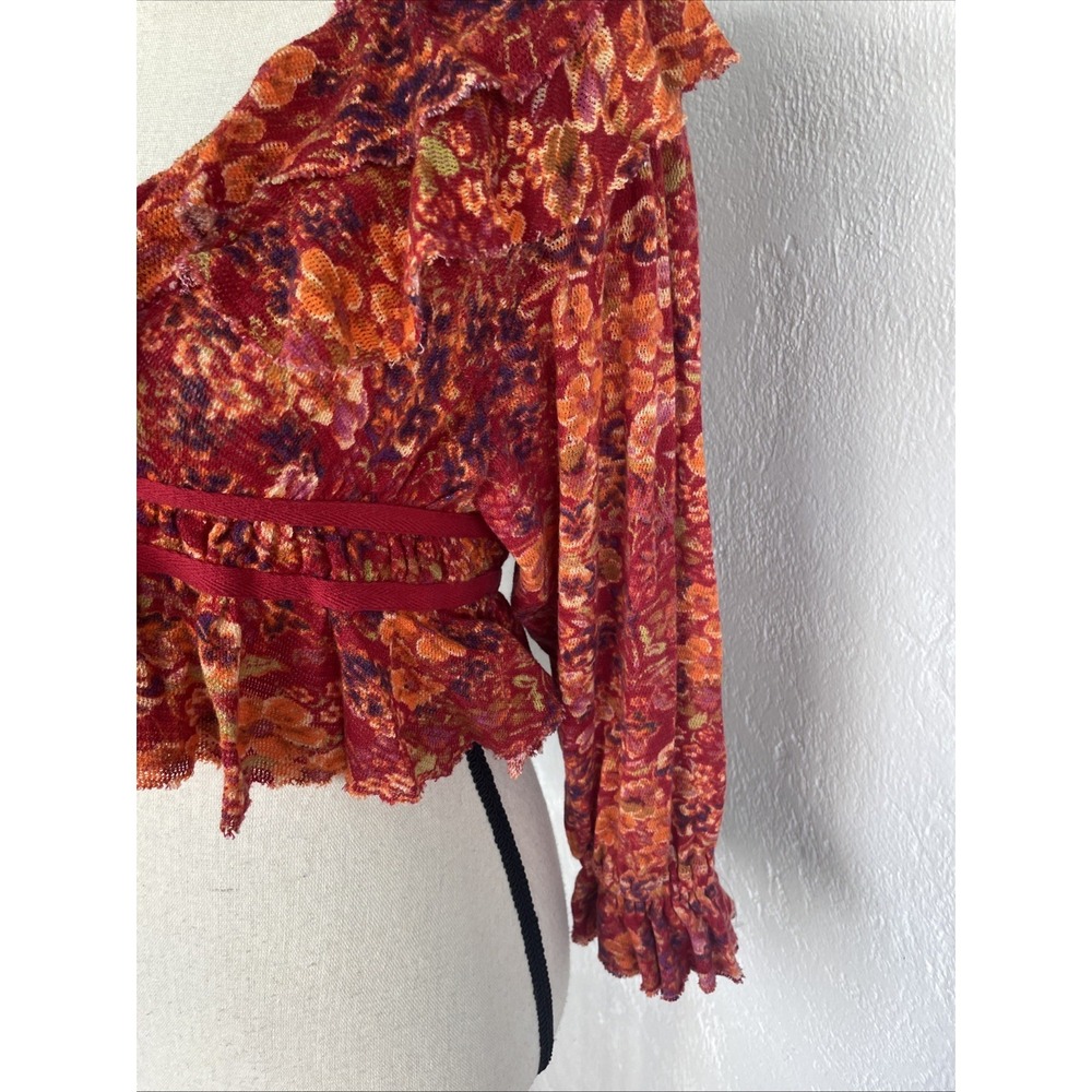 Free People Red Orange Floral Rudi Ruffle Cropped Long Sleeve Top - Picture 6 of 9